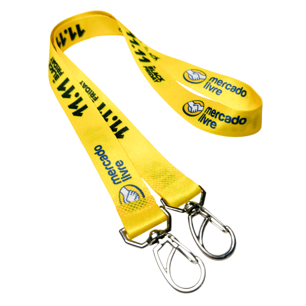 1. Alça personalizada de cortiça amarelo com logo do Mercado Livre, ótimo para eventos e brindes promocionais.